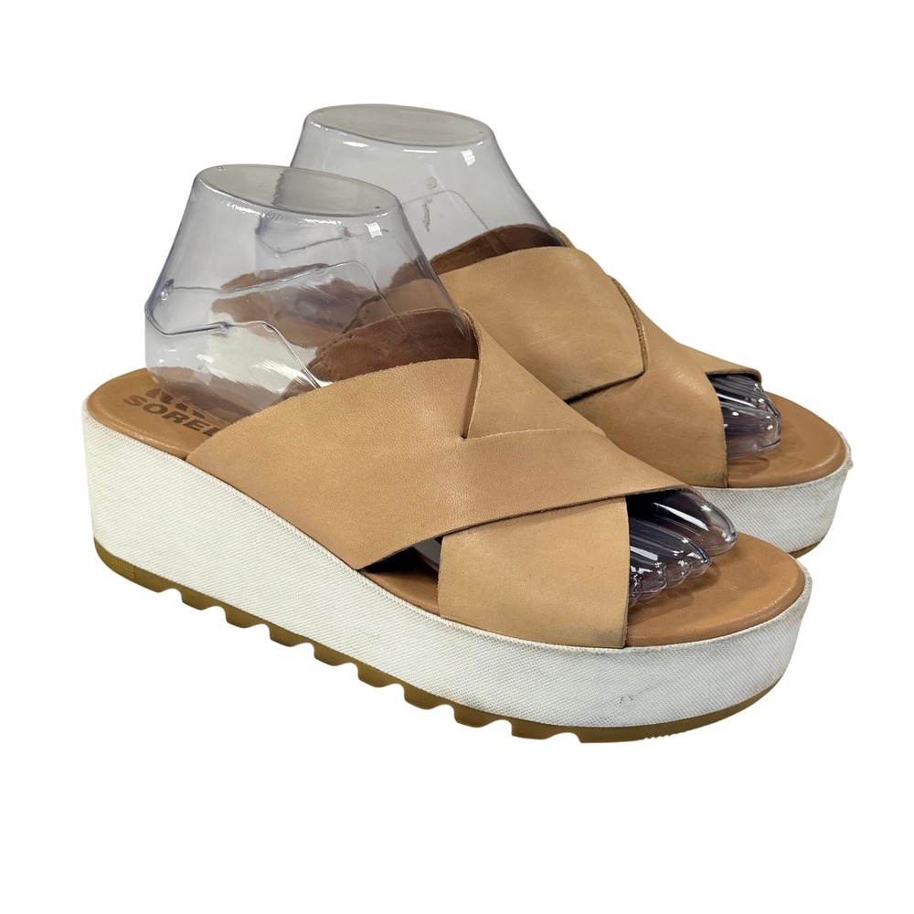 Sorel Cameron Flatform Sandal Womens 8.5 Tan Beige Leather Crisscross Boho Slide